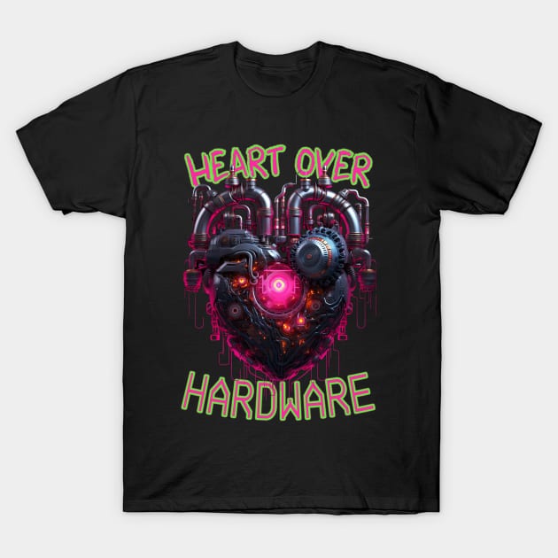 Heart Over Hardware, Neon Retrofuturistic Cyberpunk Heart T-Shirt by NeonNoirThreads